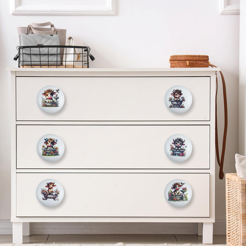 JamJam Set of 8 1.5" Ceramics Cow with Flower Knobs Unique Rustic Farmhouse Kitchen Cabinet Knobs Dresser Drawer Pulls