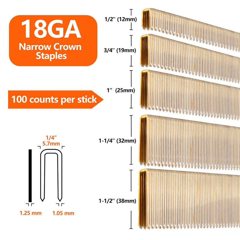 1000-Count 1/2 Inch Length, 18 Gauge 1/4 Inch Narrow Crown Staples, Heavy Duty Beveled Chiseled Pointed Galvanized Staples, for Pneumatic, Electric 18GA Stapler Gun 1/2"