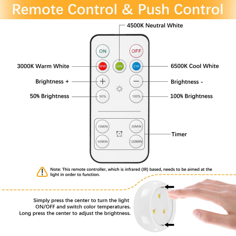 LED Puck Lights with Remote, 3 Color Light, Battery Operated Push Light Under Cabinet Light, Dimmable Tap Light, 50 Lumens, Stick On Closet Light White 3 Pack