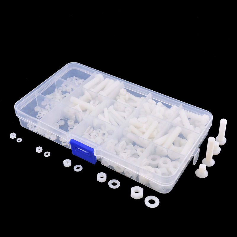 M2 M2.5 M3 M4 M5 M6 Nylon Screws Nuts Washers Assortment Kit with Screw Storage Box(420PCS)