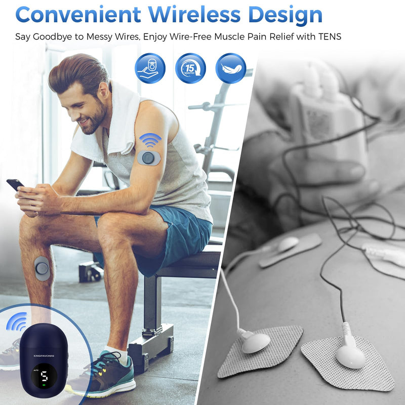 KingPavonini Wireless TENS Unit, Muscle Stimulator for Pain Relief, Portable Rechargable TENS EMS Machine, LED Screen, Remote, Dual Channel 6 Modes 16 Intensity Massager, Charging Case (4 Pads) Blue