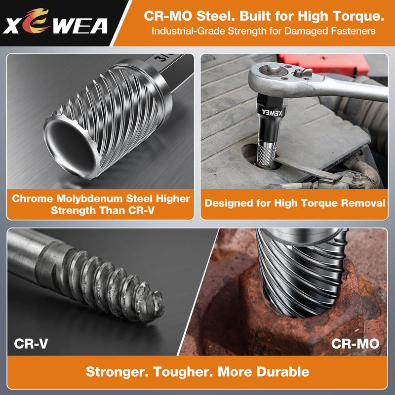 XEWEA 15PCS Bolt Screw Extractor Set, Upgrade Long Slim CR-MO Multi Spline Easy Out remover Tool Kit, 1/4" Hex Reach Design for Tight & Deep Spaces, Removes Stripped, Broken, Rusted, Rounded Studs
