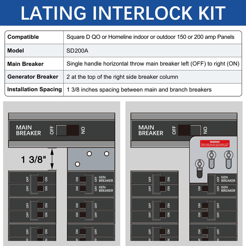 Generator Interlock for Square D QO or Homeline 150 or 200 Amp Panels with 1 3/8 Inches Spacing, Silver 1 3/8''-SD200A-Model a