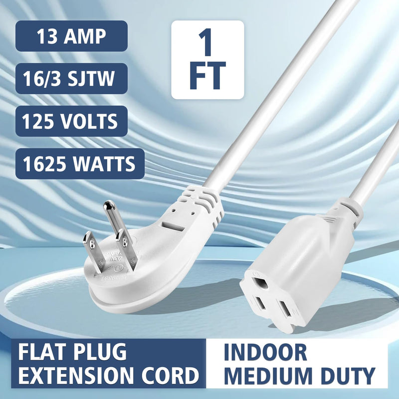 1875W Short Extension Cord,15A 14AWG Low Profile Flat Plug Heavy Duty Extension Cord Outlet Saver 3-Prong Grounded Power Extension Cable (White 1 Feet) white 1feet