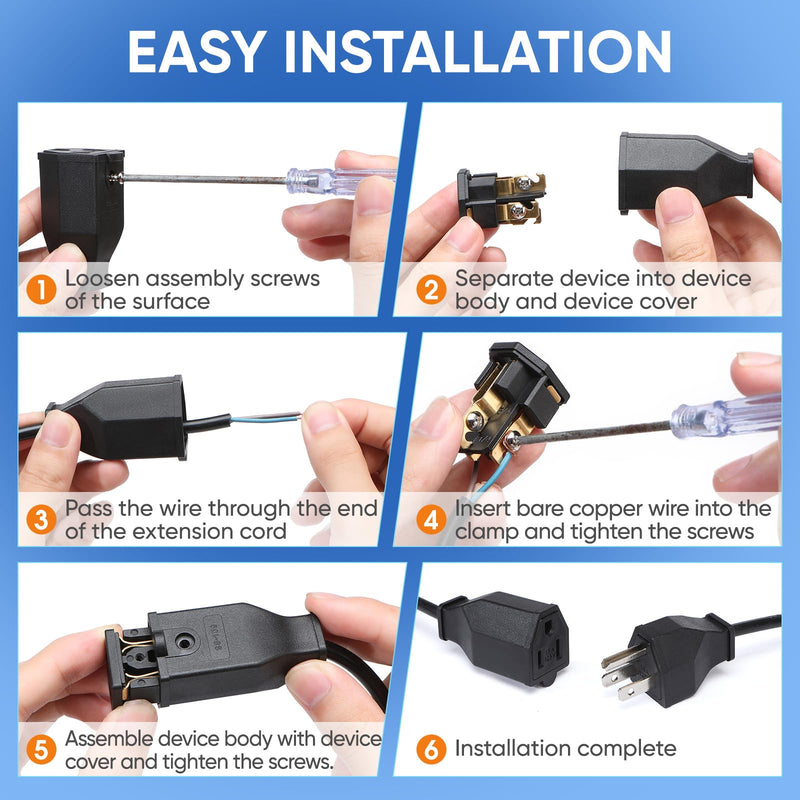 Extension Cord Repair Replacement Ends,Male and Female Electrical Plug Ends，Male Plug End Eeplacement 3 Prong,125V 15A 2Pole 3Wire Connector Straight Blade Plug (Male&Female,1 Set) Male and Female-1 Set