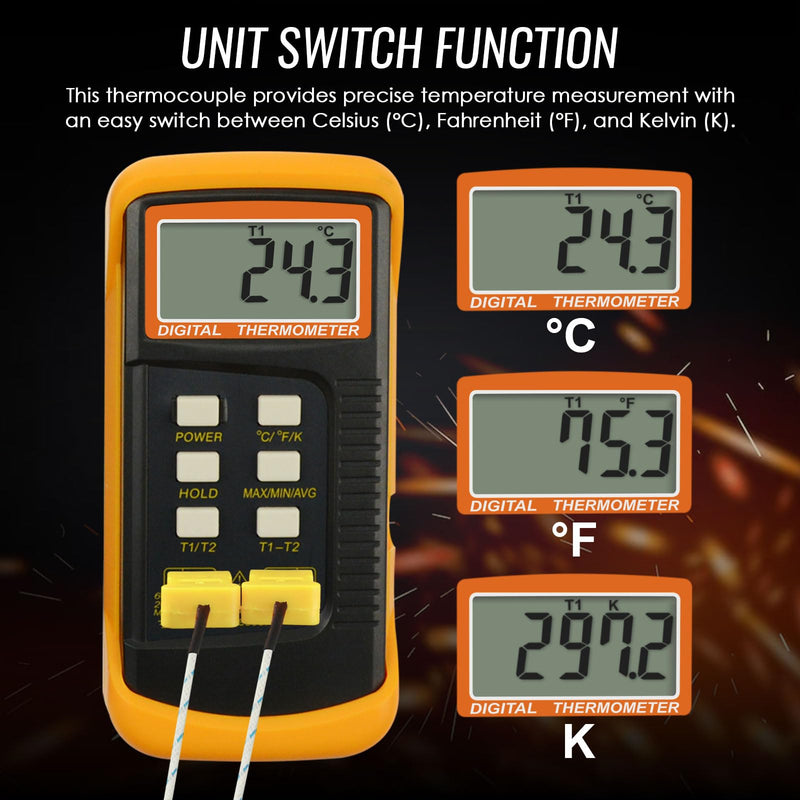 K Type Thermocouple Thermometer (-50~1300°C), Dual Channels Digital Thermometer with 2 Temperature Clamp 2 Wired Thermocouple Probes, High Accuracy Temperature Kelvin Scale Meter Tester