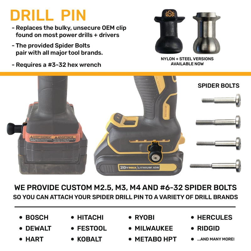 Spider Tool Holster - Drill Pins - Pack of One - Premium CNC Stainless Steel - Attaches to The Side of Any Brand Power Drill and Driver - Pairs with Spider Tool Holster and Tool Docks