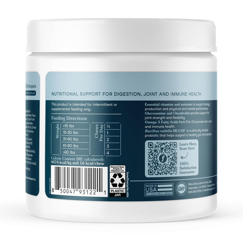Fera Pets Dog Multivitamin Chews with Glucosamine and Probiotics - Essential Dog Vitamins & Minerals - Promotes Healthy Digestion & Joints - Boosts Skin & Coat Health with Omega-3s - 90 Soft Chews 90 Chews