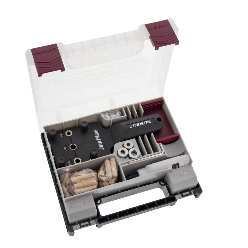 Milescraft 1333 Dowel Jig Kit - New, Improved, Self-Centering Handheld Dowel Jig with 3 Metal Bushing Sizes (1/4in, 5/16in, 3/8in) - Complete Doweling Jig Kit with all Accessories HARDWARE