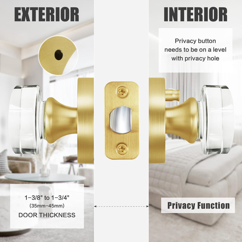 Glass Door Knobs Gold Door Knob Interior Satin Brass Privacy Door Knob for Bedroom and Bathroom Crystal Door Knob 1 Pack Privacy
