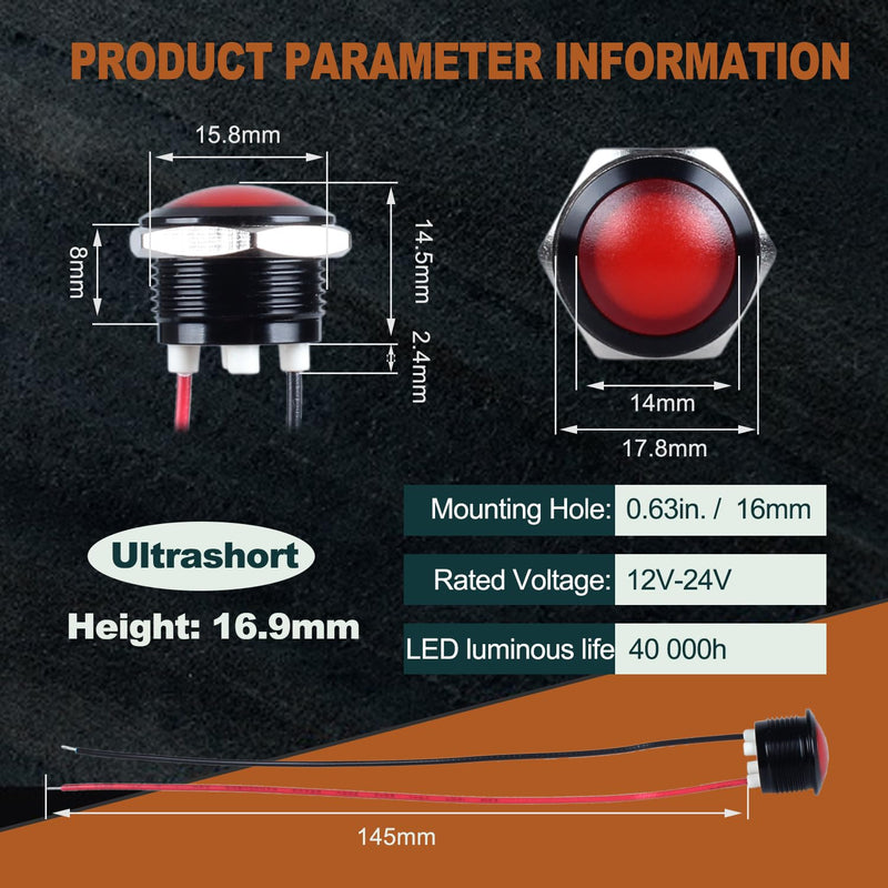 2PCS 16mm Metal Indicator Light, 12-24V AC/DC 20mA Waterproof IP67 Single lamp LED Pilot Lamp Raised Head with Wire for Car Truck Boat(Red LED) Black Anodized Shell Red 12-24V 16mm