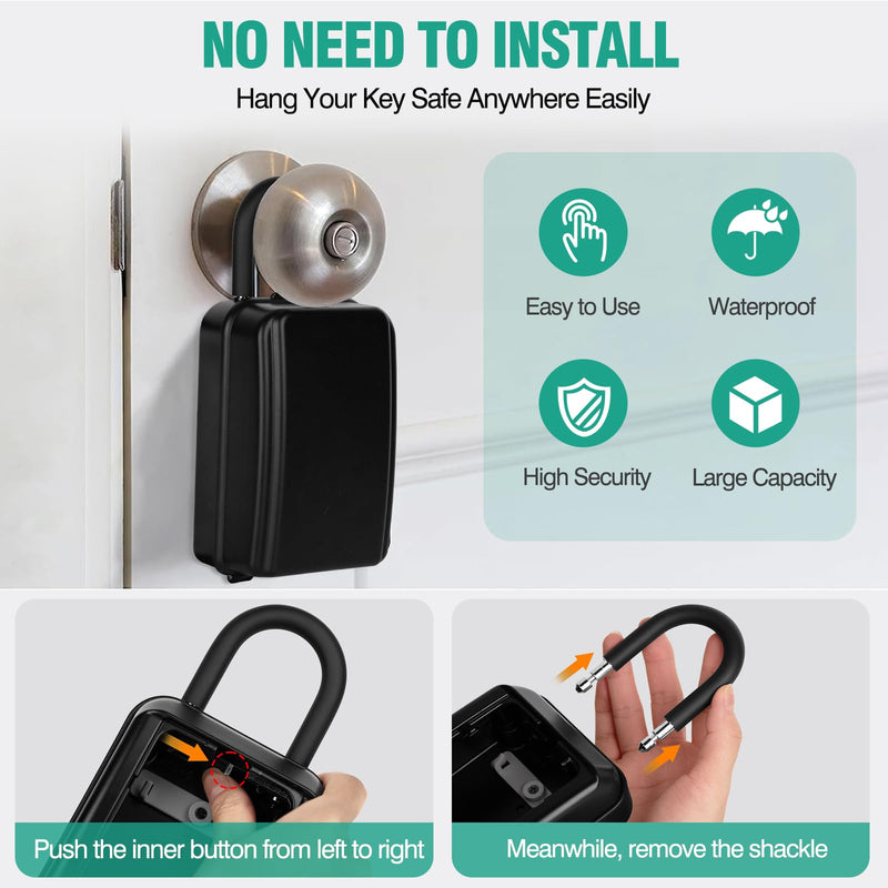 HUANLANG Key Lockbox for Outside,Spare Key Lock Box for Door Handle Waterproof 4 Digit Combination Resettable Code,Upgraded Large Capacity Heavy Duty Lockbox for House Keys, Car Keys, ID Cards Hang Ring-Black