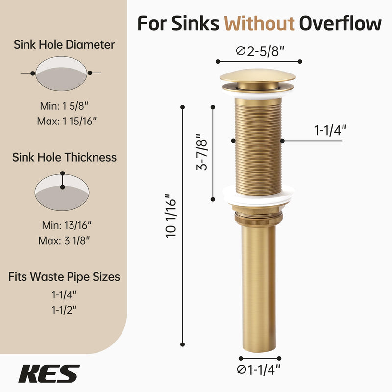 KES All-Metal Pop Up Bathroom Sink Drain, Extended Thread for Thicker Vessel Sinks & Countertops, Durable Brass & Stainless Steel, No Overflow, Brushed Gold, S2022D-BZ NO Overflow, Long Thread