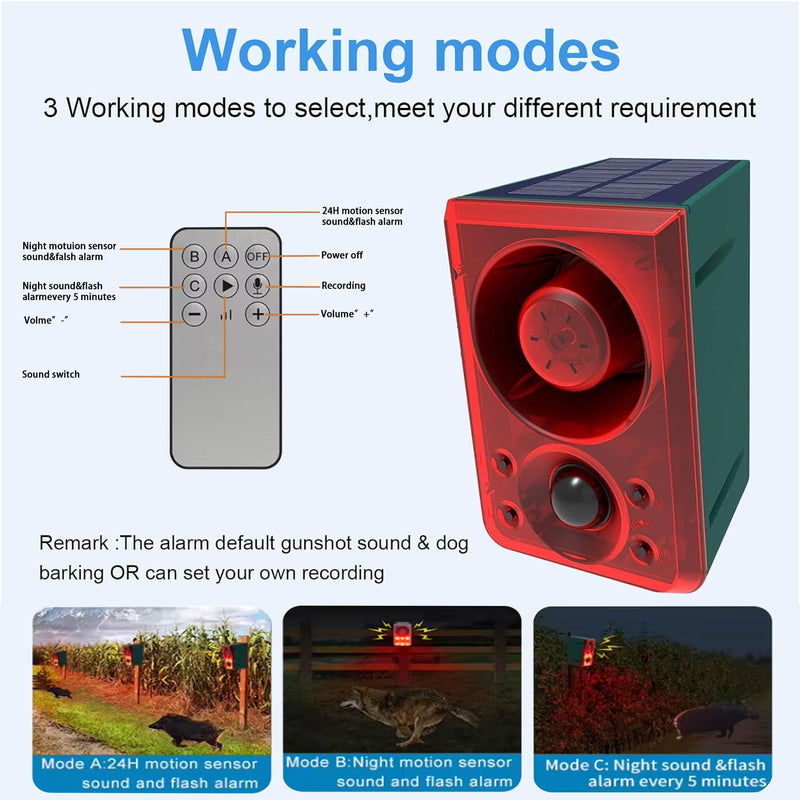 Solar Outdoor Motion Sensor Alarm - Dog Barking&Gunshot Sound 130db Motion Detector Alarm Light,with Remote Controller for Home, Villa,Yard,Chicken coop 911N 1 Pack