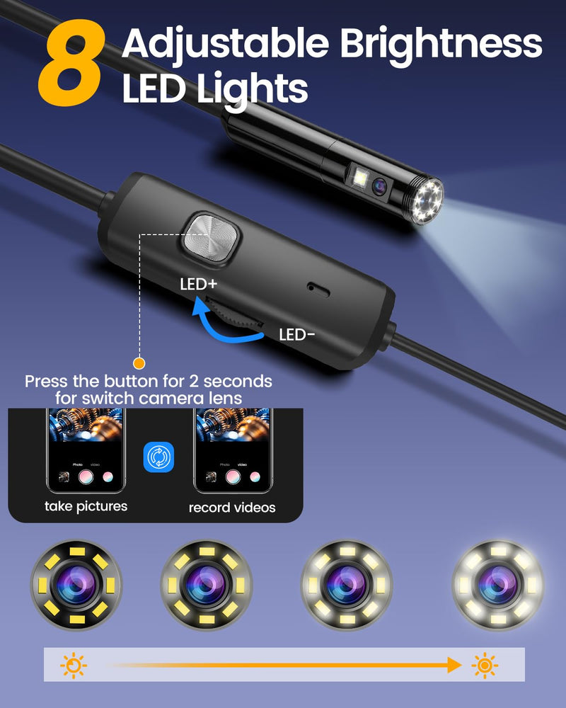 Endoscope Camera with Light, 1920P HD Borescope Pipe Inspection Camera with 8 LED Lights, Waterproof 16.4FT Semi-Rigid Snake Camera, Industrial Bore Scope for iPhone Android Phone Dual Lens