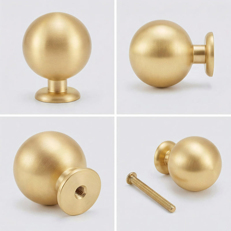 5-Pack Solid Brass Round Ball Cabinet Knobs, 1.1 Inch Brushed Gold Drawer Knobs, Modern Heavy Duty Sphere Dresser Pulls, Luxury Decorative Furniture Hardware for Kitchen Bathroom 5