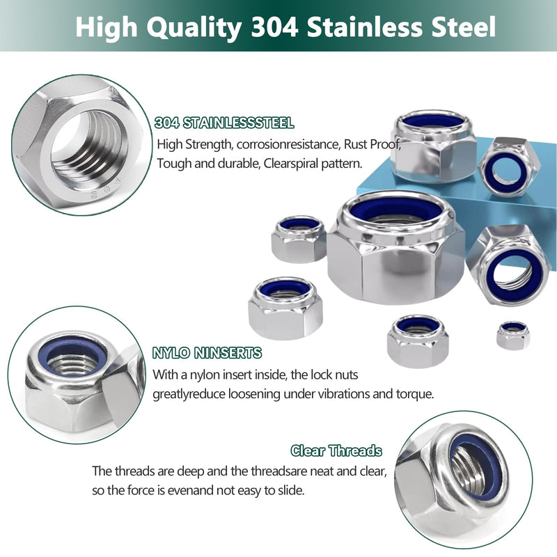 Metric Lock Nut Assortment Kit, 530PCS Nylon Insert Lock Nuts Set, 304 Stainless Steel Standard Thread Nylock Nuts for Bolt M2 M2.5 M3 M4 M5 M6 M8 M10 M12, Hex Lock Nuts Assortment Kit Metric 530PCS
