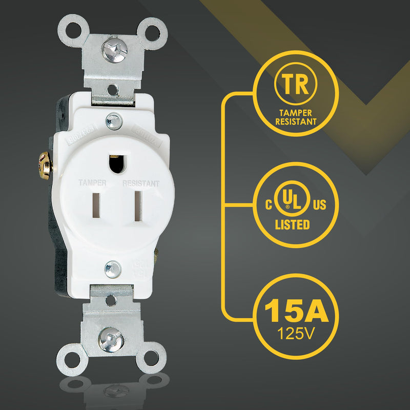 Faith 15A/125V Commercial-Grade 3-Prong Tamper-Resistant Single Receptacle Outlet White TR115R-WH, Commercial-Grade Electrical Outlet, 2-Pole Power Outlet, 15-Amp Outlet with Side Wiring Installation