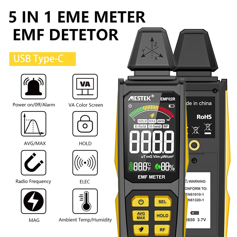 EMF Detector, MESTEK 5 in 1 EMF Meter Radiation Detector, Electric Field, Radio Frequency Field Temperature, Magnetic Field Strength Meter, Rechargeable EMF Reader Home EMF Detection and Ghost Hunting EMF02R-Yellow