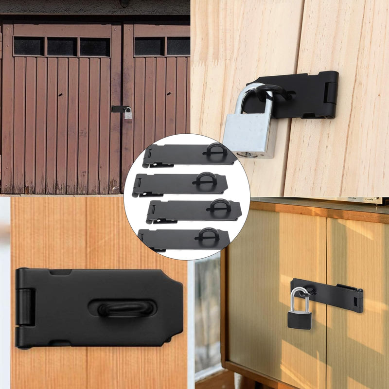 4-Pack 5 Inch Heavy Duty Stainless Steel Padlock Hasp, Black Door Lock Hasp Latch, Security Gate Lock Latches with Screws, Ideal for Outdoor Gates, Sheds, Cabinets, and Drawers 5Inch Black