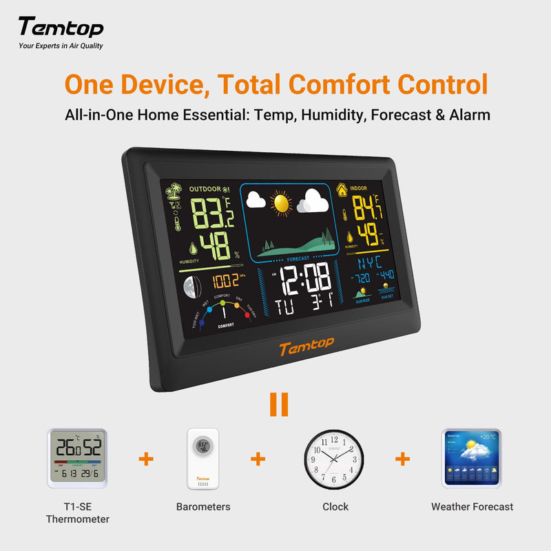 Temtop Multifunctional Weather Station with Indoor/Outdoor Temperature, Humidity, Atmospheric Pressure, Weather Forecast, Moon Phase, and Alarm Features, W100 Lite
