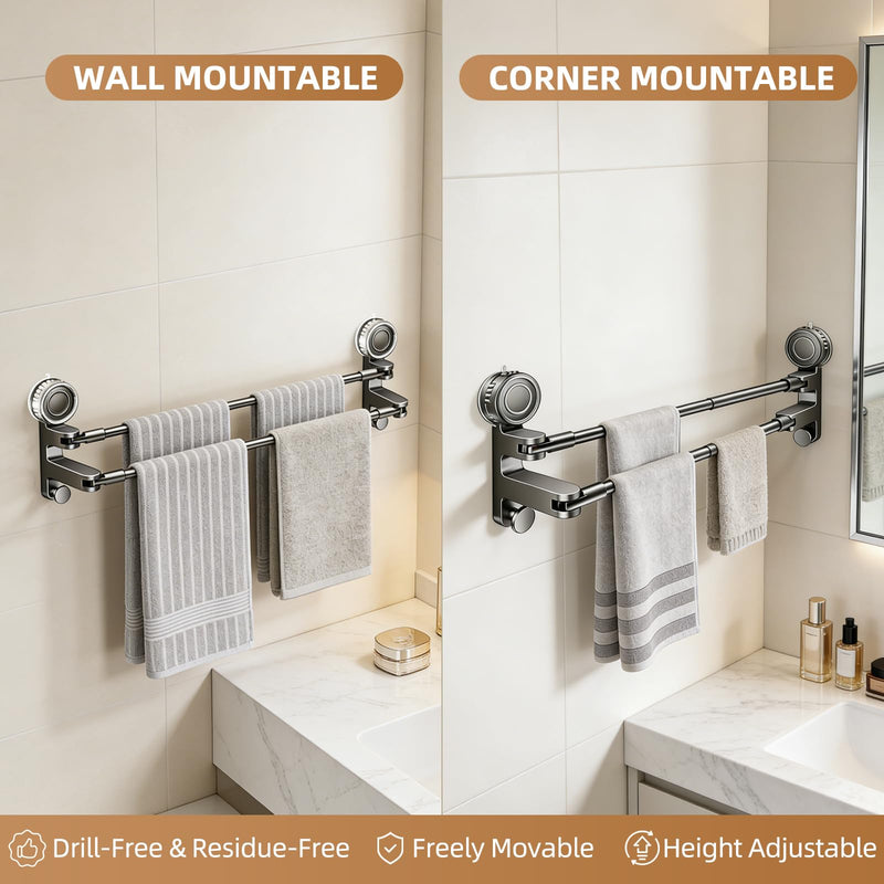 Adjustable Suction Cup Towel Bar for Bathroom Wall, 20-34" Extendable Carbon Steel Towel Racks, Space Saving Grey Bath Towel Holder with Hooks, No-Drill Mounted (20-34IN, 1-Tier) 20-34IN