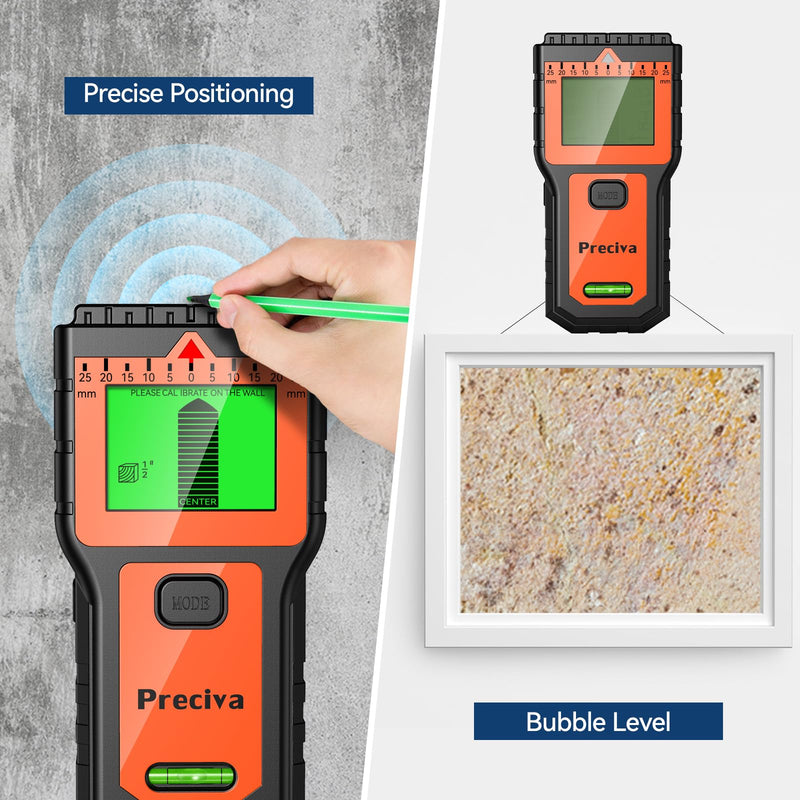 Stud Finder, Preciva Wall Scanner-8 in 1 Multifunctional Wall Detector with 6 Modes & 2 Functions for Studs, Wood, Metal, and AC Wires Detection (9V Battery Included) Orange
