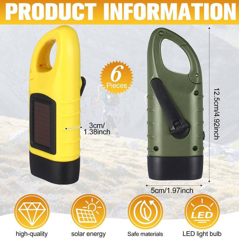 Mudder 6 Pcs Hand Crank Solar Powered Flashlights Emergency Rechargeable LED Handheld Flashlights for Survival Gear Outdoor Sports Camping Hiking Backpack Safety(Green,Yellow) Green,Yellow