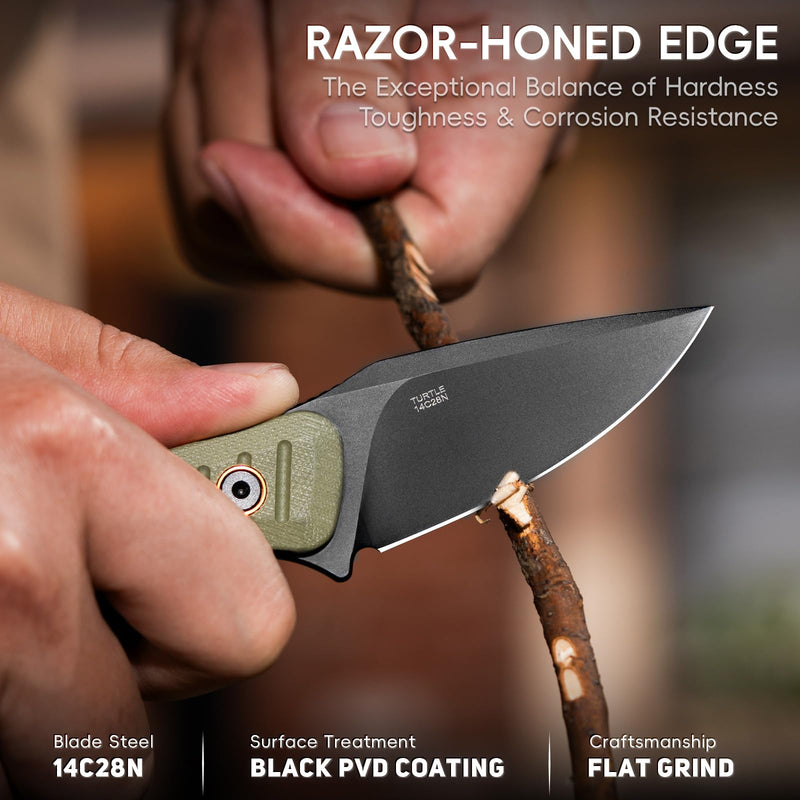LOTHAR TURTLE Small Fixed Blade Knife, Horizontal Carry Knife | 2.75" 14C28N Steel EDC Neck Knife with Green G10 Handle & Kydex Sheath, Bushcraft Survival Hunting Knife, Gift for Men Women9