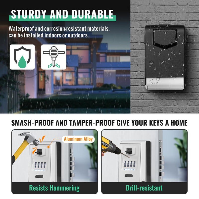 Key Lock Box for Outside with Light Up Dials - Sturdy Waterproof Combination Key Holder Wall Mount Key Storage Box for House Keys - Resettable Code Safe Security Outdoor Key Hiders Large Capacity