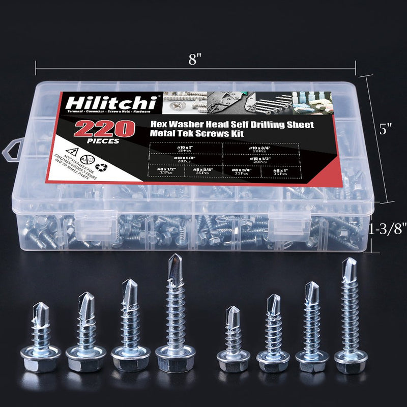 Hilitchi 220-Pieces Zinc Plated Hex Washer Head Self Drilling Sheet Metal Tek Screws Assortment Kit