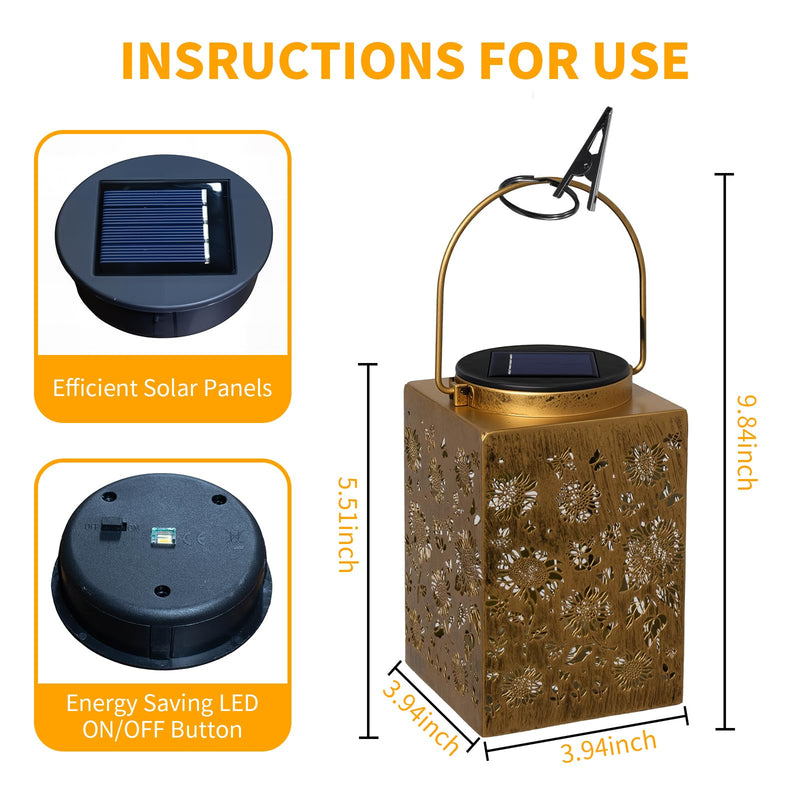 2 Pack Solar Lanterns - Waterproof Metal Hanging Solar Lights Outdoor Decorative, Solar Powered LED Lamp for Patio Tabletop Porch Deck Yard Garden Decor for Outside (Sunflower) Sunflower