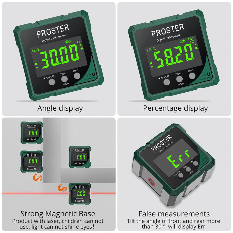 Proster Digital Angle Finder with Laser 4-Side Magnetic Angle Gauge IP54 Waterproof LCD VA Display USB-C Inclinometer Level Box for Woodworking Carpentry Building(Laser Level Class II,Output<1mW)
