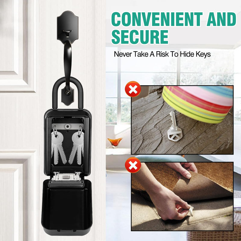 HUANLANG Key Lockbox for Outside,Spare Key Lock Box for Door Handle Waterproof 4 Digit Combination Resettable Code,Upgraded Large Capacity Heavy Duty Lockbox for House Keys, Car Keys, ID Cards Hang Ring-Black