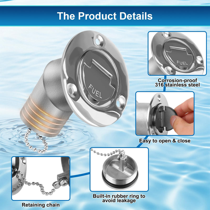 Boat Fuel Deck Fill/Filler with Keyless Cap with Screws, Marine Mirror Polished Stainless Steel Hardware Angled Neck for Boat Yacht Caravan 2inch Gas