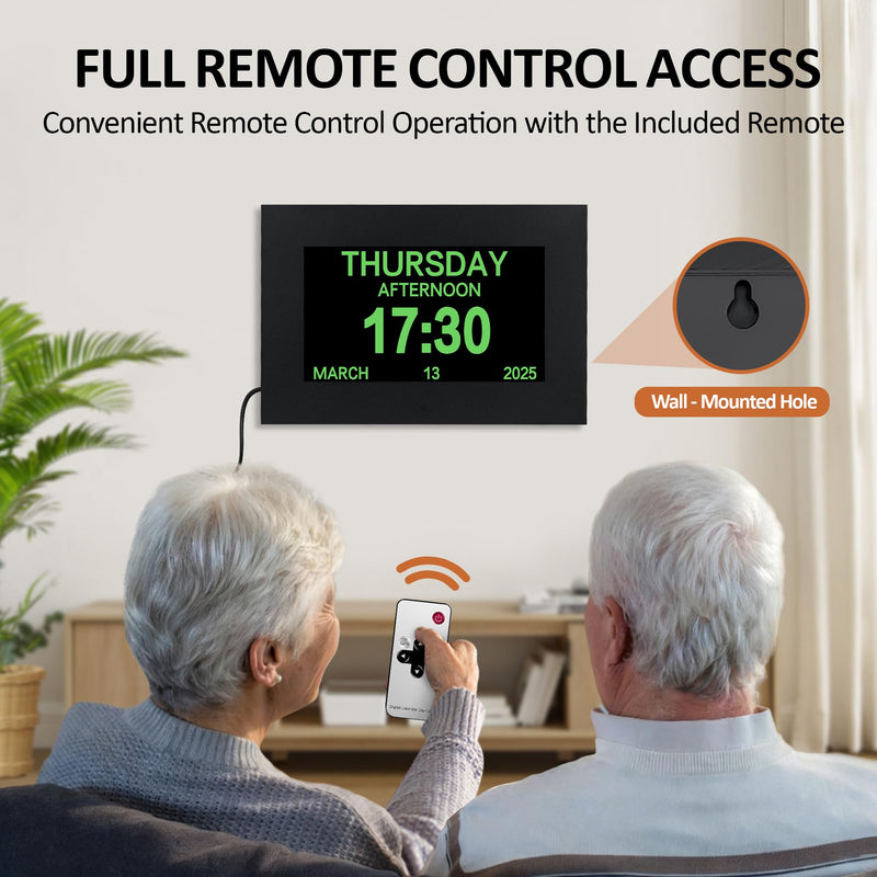 7" Digital Alarm Clock for Seniors, Dementia Clock with Day and Date for Elderly, Digital Calendar Day Clock with 20 Reminders & 20 Alarms, Auto-DST 7" Non-Touchscreen Black