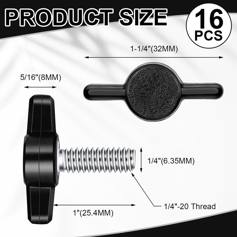 Tandefio 16 Pcs 1/4" - 20 x 1 Stainless Steel Thumb Screw Thread Thumbscrew Adjustable Tee Wing Screw Black Wing Knob Bolt for Remove Replace Hand Clamping Tightening Knob Power Supply