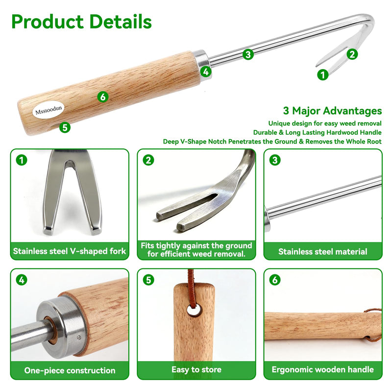 4PCS Garden Weeding Tool Set, Hand Weeder Tools with Wooden Handles, Double Claw Root Hook, V-Shape Weed Puller, Crack Weeder & Stainless Steel Garden Trowel for Digging, Planting & Weed Removal