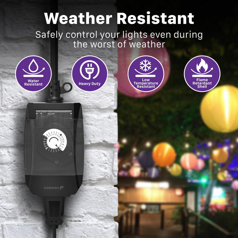 Fosmon Outdoor Light Timer Outlet Waterproof, 24 Hour Plug in Mechanical Pool Pump Timer Weatherproof, 3-Prong, Grounded, Heavy Duty, 15A 1/2HP 1 Pack