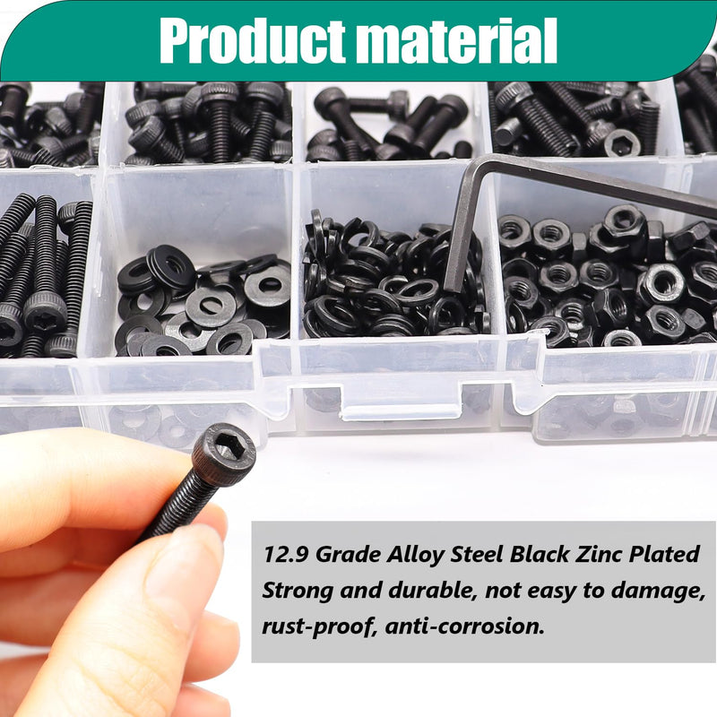 Taiss 380PCS M4 Screw Kit,Hex Socket Head Cap Screws Assortment with Nuts/Washers/Hex Wrench M4x6/8/12/16/20/30mm,12.9 Grade Alloy Steel Black Zinc Plated Small Metric Screws,M4 Bolts