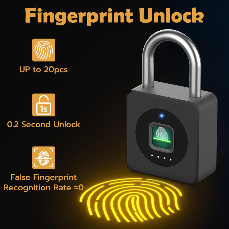 Pothunder Fingerprint Padlock, Fingerprint Lock with APP, Padlock with Keyless Biometric, Smart Padlock Waterproof Suitable for Gym, Locker, Gates, Fence and Storage Black