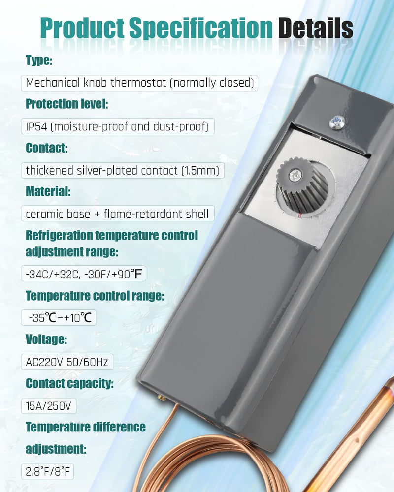W1609-101 Refrigeratior Thermostat Temperature Controller from -30 Degrees F to 90 Degrees F (-34 Degrees C to 32 Degrees C), Capillary Length 5 Feet