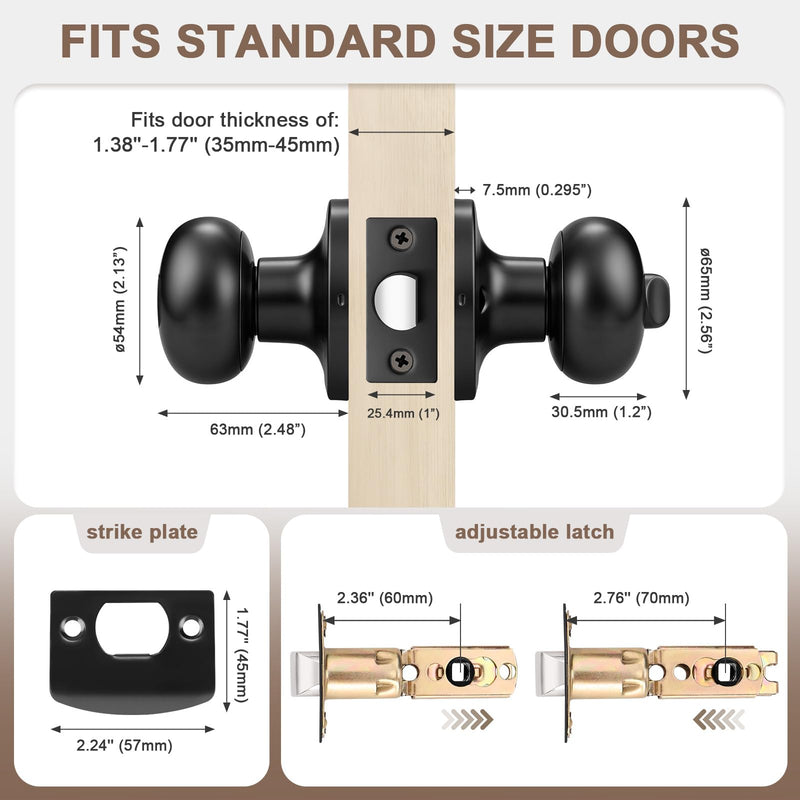 1 Pack Keyed Entry Door Knob with Lock and Key, Matte Black Front Door Lock for Exterior or Interior Doors, Standard Round Door Knobs Classic Design 1 Pack