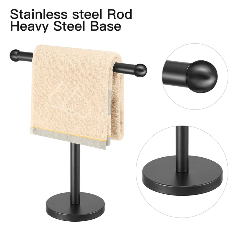 T-Shape Bath Hand Towel Holder Stand, SUS304 Stainless Steel Free Standing Hand Towel Rack with Heavy Base, for Bathroom Kitchen & Countertop, Matte Black Style2-black（1 Pack）