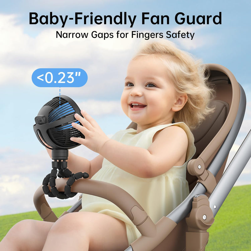GUSGU Baby Stroller Fan with Clip, Rechargeable & Battery Operated Portable Fan with 16H Max Runtime, Hands Free 360° Adjustable Quiet Personal Fan for Travel, Car Seat, Crib, Trolley, Bedroom Black