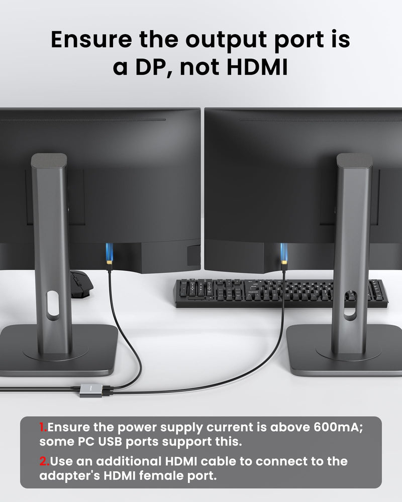 4K 60Hz DisplayPort to Dual HDMI Adapter, MST Splitter for Dual Monitor Extender, Supports Extended & Mirror Mode, Plug and Play, USB Power Cable Included
