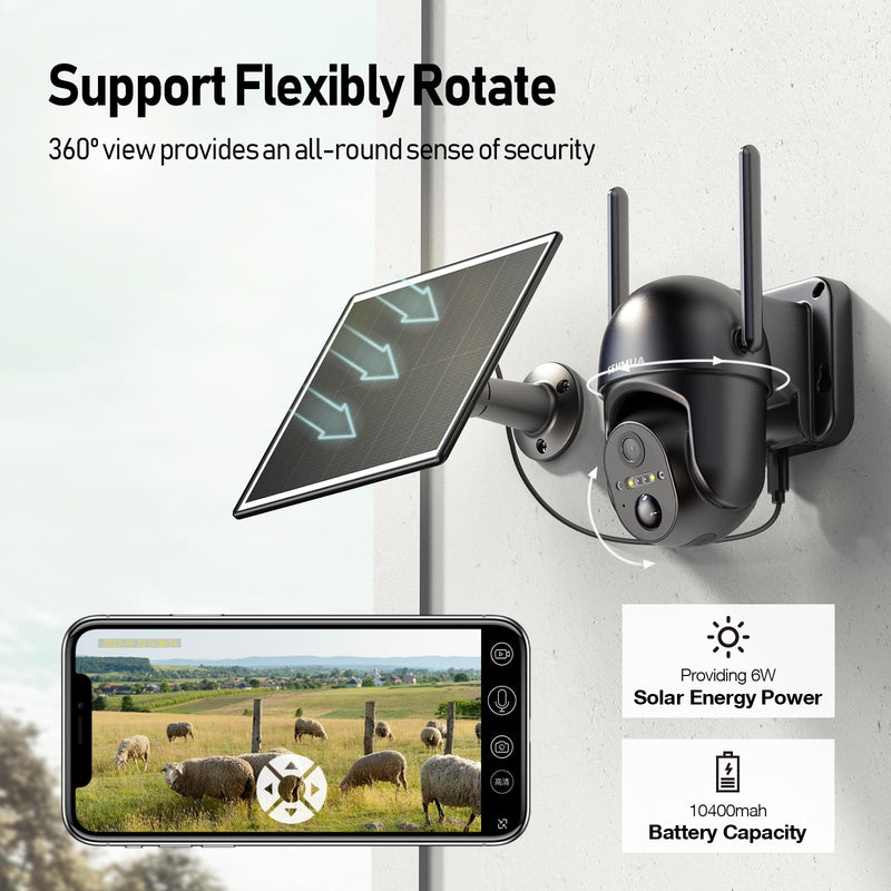 SEHMUA 4G LTE Cellular Solar Security Camera Wireless Outdoor, No WiFi Solar Powered Camera, 360° Live View, 2K Color Night Vision, PIR Motion Sensor, 2 Way Talk, Built in SIM Card Black
