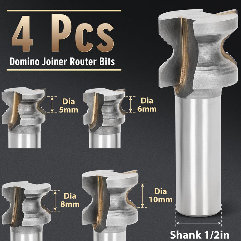 Domino Tenons Router Bits Compatible with DF500/DF700 Domino Tenons - 5mm, 6mm, 8mm, 10mm, 1/2 Shank Router Bits Tool Set with Deep Wave Grooves Suitable for a Variety of Woods
