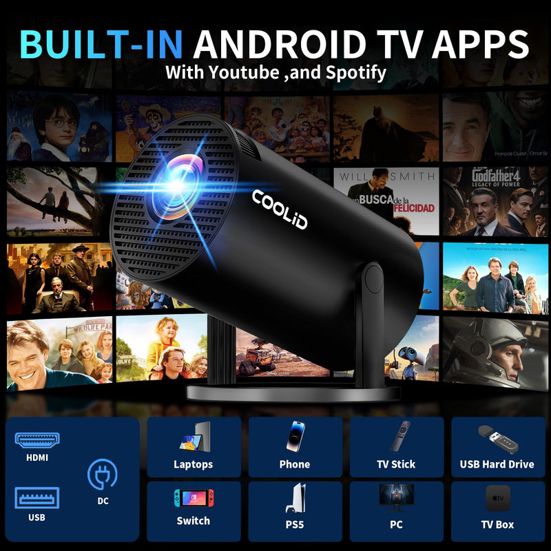 [Built-in Apps & 2025 Upgraded] Mini Projector Support 4K 1080P Auto Keystone 270° Rotatable with WiFi 6 and Bluetooth 5.4, Projector Portable Compatibile with HDMI/TV Stick/Memory Stick/Laptop-Black Black