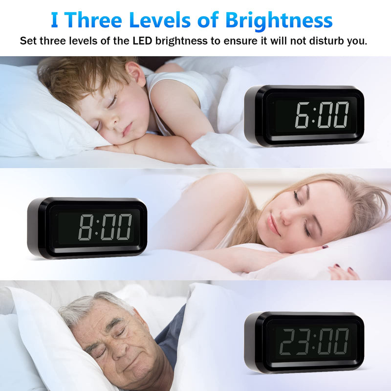 Digital Alarm Clock Battery Operated with LED Display for Bedrooms, Long Battery Life for 12 Months, 3 Brightness Adjustable, 12/24 Hour, Snooze, Black Case with White Digits Black-white